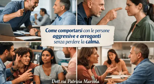 Immagini di persone in discussione, con testo: "Come comportarsi con le persone aggressive e arroganti senza perdere la calma.