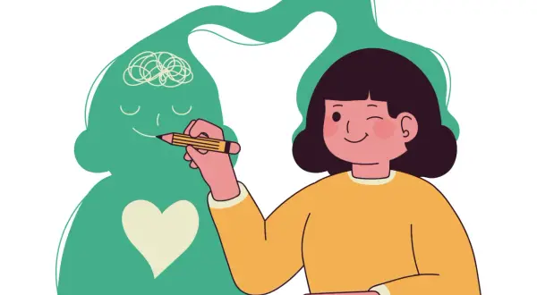 Una niña dibuja una ficha alumno en un boceto de cabeza con un corazón.