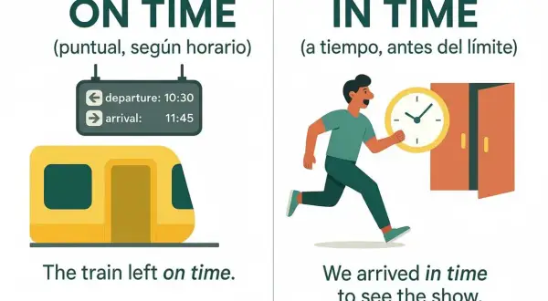 Un tren amarillo sale puntual. Un hombre corre con un reloj para llegar a tiempo a una función.