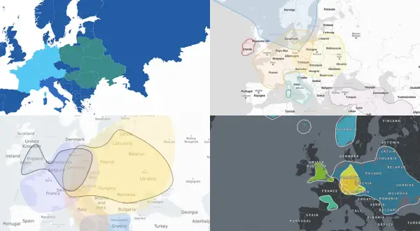 Cartes de l'Europe montrant des régions génétiques. Un test généalogie gratuit pourrait révéler vos origines.