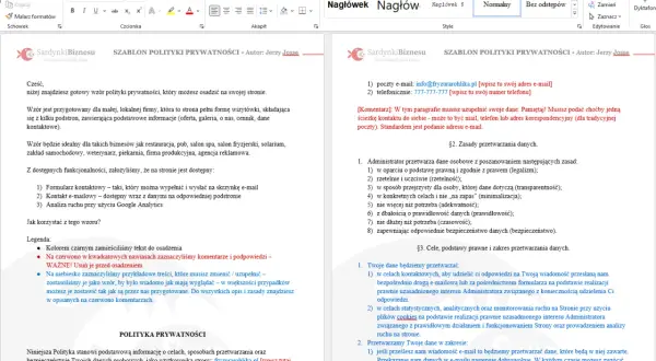 Gotowy wzór polityki prywatności dla Twojej strony. Dokument zawiera kluczowe informacje o przetwarzaniu danych, idealny dla lokalnych firm.
