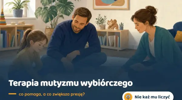 Rodzice i terapeuta wspierają dziecko w terapii mutyzmu wybiórczego, tworząc bezpieczną przestrzeń do ćwiczeń.