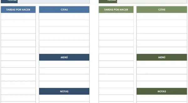 Dos plantillas para planificar tu día: una para tareas y citas, otra para menú y notas.