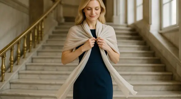 Elegancka kobieta w granatowej sukience wieczorowej i beżowym szalu, pokazująca, jak wiązać szal do sukienki wieczorowej.