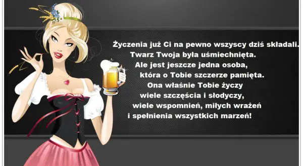 Gotowe życzenia imieninowe dla mężczyzny: uśmiechnięta dziewczyna z piwem i kłosem życzy szczęścia, słodyczy i spełnienia marzeń.