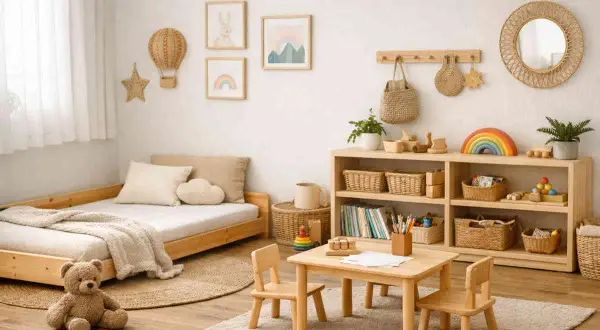 Stanza giochi bambini con lettino, tavolino, sedie, libreria e decorazioni naturali. Idee per arredare con stile e funzionalità.