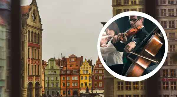 Koncert kameralny na tle kolorowych kamienic we Wrocławiu.