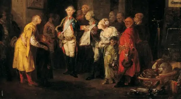 Stanisław August Poniatowski, ostatni król polski, w otoczeniu dworzan. Scena z życia dworu, z globusem w tle.
