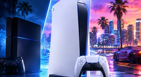 Konsola PS5 i pad obok PS4, na tle neonowego miasta i palmy. Wyobraź sobie, że to scena z GTA 6 na PS5.