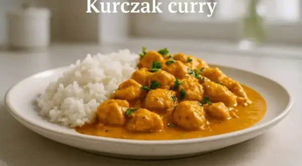 Aksamitny kurczak curry w pomarańczowym sosie, podany z puszystym białym ryżem i posypany świeżą natką pietruszki.