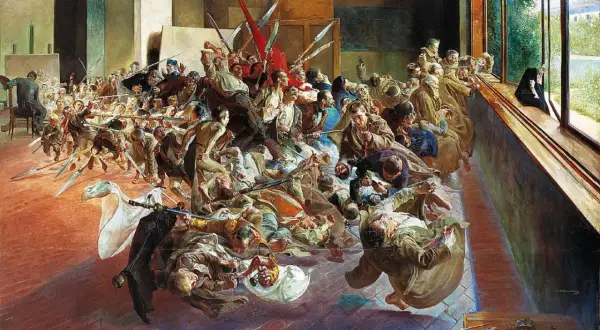 Chaos i walka, gdzie co to symbolizm? Obraz przedstawia zryw rewolucyjny, a za oknem zakonnica patrzy na świat.