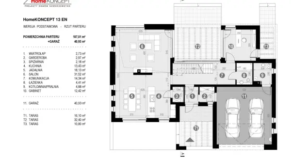 Rzut parteru domu HomeKONCEPT 13 EN. Powierzchnia netto parteru 107,01 m², garażu 40,93 m². Wymiary pomieszczeń i tarasów.