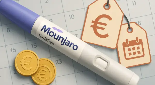 Mounjaro KwikPen, monety euro i metki z symbolem euro i kalendarzem sugerują cenę i termin leczenia. Sprawdź, czy przysługuje Ci mounjaro refundacja.