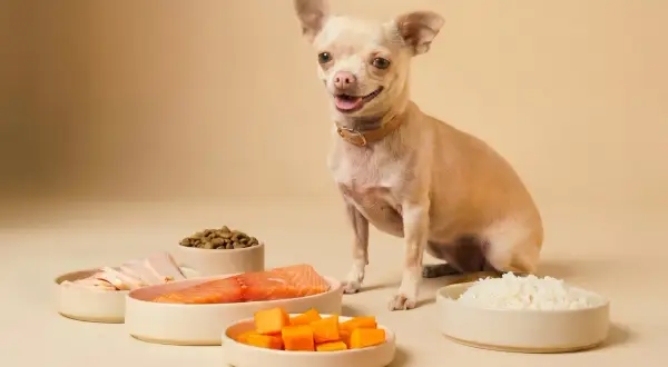 Chihuahua sonriente junto a ingredientes para comida casera: salmón, pollo, calabaza, arroz y croquetas.