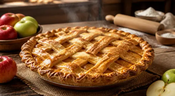Une délicieuse tarte aux pommes à l'ancienne, encore chaude, avec des pommes fraîches et un rouleau à pâtisserie en arrière-plan.