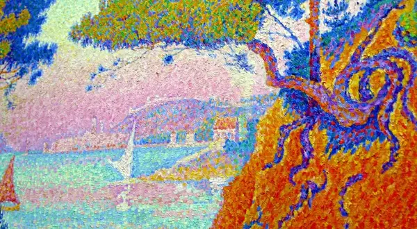 A vibrant pointillism painting depicts a coastal scene with sailboats. The style of pointillism artists is evident in the colorful dots creating the landscape.