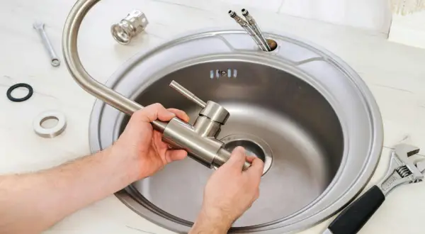 Mężczyzna montuje nowy kran w zlewie, przygotowując się do tego, jak rozkręcić kran. Narzędzia i części są gotowe.