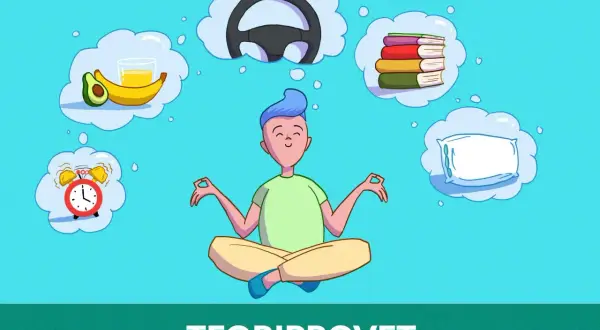 Person i meditationsställning tänker på mat, körning, böcker, sömn och en väckarklocka. Teori provet kan vara en utmaning.