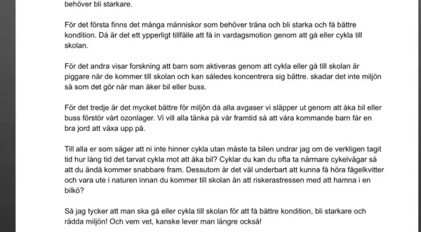 Argumenterande text exempel: texten argumenterar för att gå eller cykla till skolan för bättre kondition, miljö och hälsa.