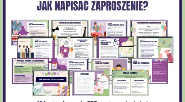Grafika przedstawia 15 kart z poradnikiem "Jak napisać zaproszenie?", z przykładami i wskazówkami.