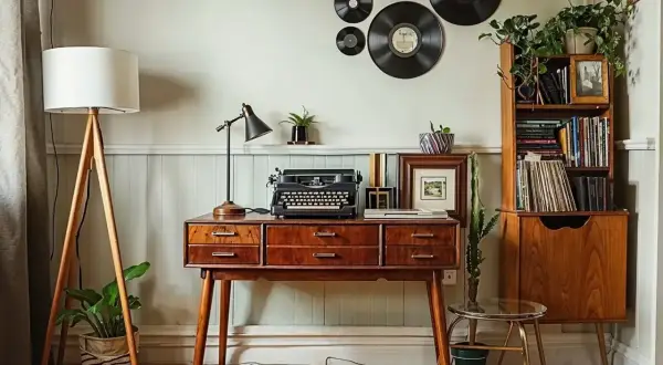 Biurko z maszyną do pisania, lampa, płyty winylowe na ścianie i regał tworzą idealne retro, vintage wnętrze.