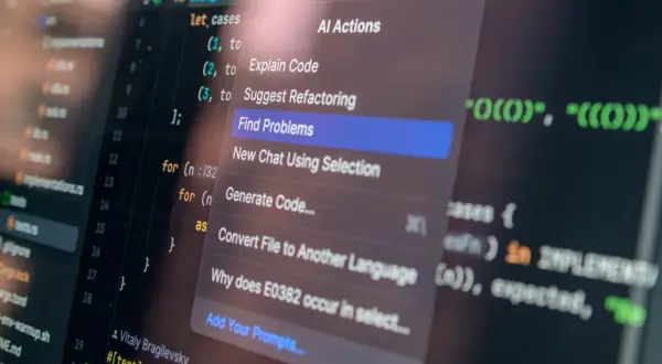 Abstrakcja Java w kodzie, menu AI z opcją "Find Problems" i sugestiami refaktoryzacji.