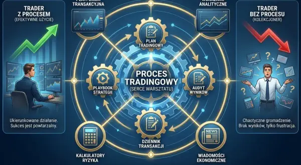 Schemat pokazuje, jak trader z procesem osiąga rozwój mentalny, integrując narzędzia jak platforma transakcyjna, analizy i planowanie, w przeciwieństwie do chaotycznego tradera bez procesu.