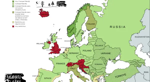 Mapa de Europa con países clasificados por su facilidad para viajar en autocaravana. Destacan los países más seguros de Europa para este tipo de turismo.
