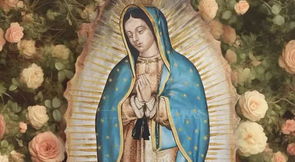 Obraz Matki Bożej z Guadalupe otoczony różami. Modlitwa nowenna do Matki Bożej z Guadalupe.