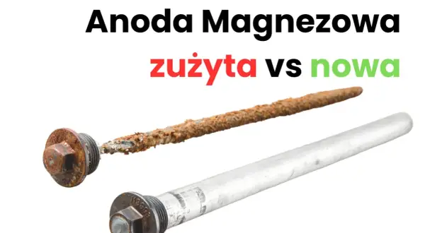 Zużyta, skorodowana anoda magnezowa obok nowej, lśniącej. Widać różnicę w stanie technicznym.