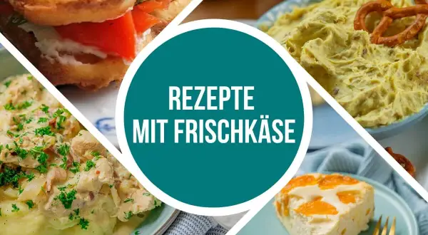 Vier Gerichte mit Frischkäse: Waffel-Sandwich, Dip, Hähnchen mit Kartoffelpüree und Kuchen.