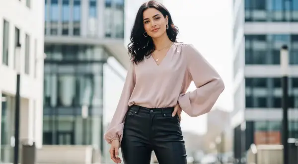 Elegancka, pudrowa bluzka z bufiastymi rękawami świetnie komponuje się ze skórzanymi spodniami, tworząc stylowy miejski look.
