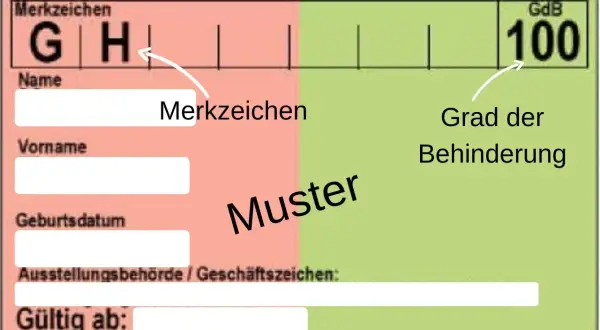 Ein Muster eines Schwerbehindertenausweises mit den Merkzeichen G und H sowie dem Grad der Behinderung (GdB) 100.