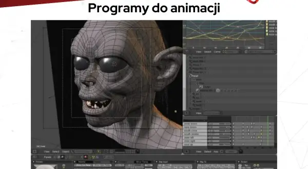 Model postaci z gry, tworzony w programie do animacji. Widoczne siatki 3D i linie czasowe.