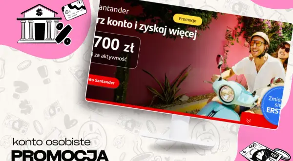 Grafika z bankiem, kartą, procentem i parą na skuterze. Promocja konta.