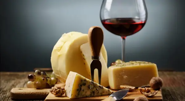 En härlig ost och vinprovning med olika ostar, vindruvor, nötter och ett glas rött vin.