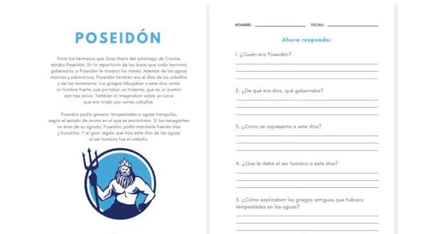 Hoja de trabajo con ejercicios de comprensión lectora sobre Poseidón, dios griego de los mares, caballos y terremotos. Incluye preguntas para responder.