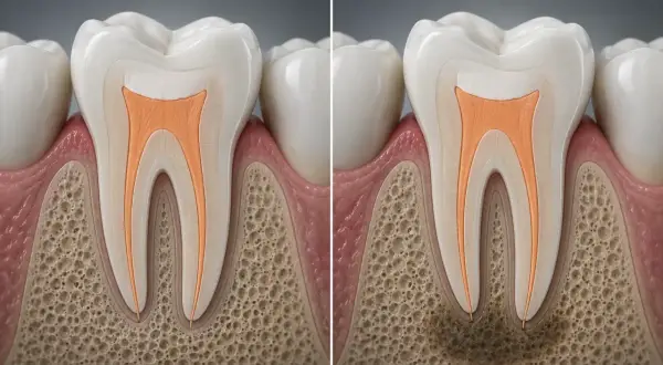 Dente devitalizzato fa male: confronto tra un dente sano e uno con infezione alla radice, che causa infiammazione e dolore.
