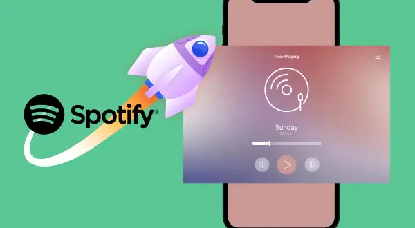 A rocket launches from the Spotify logo, symbolizing how to get on Spotify playlists. A phone displays the "Now Playing" screen.