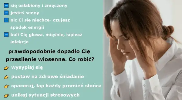 Kobieta z rękami na skroniach, czując objawy przesilenia wiosennego: osłabienie, senność, bóle głowy. Porady: wysypiaj się, jedz zdrowo, spaceruj.