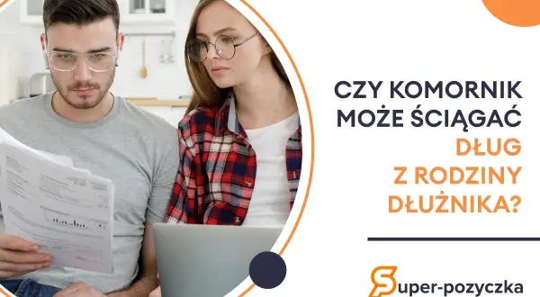 Młode małżeństwo analizuje dokumenty, zastanawiając się, czy komornik może ściągać dług z rodziny dłużnika.
