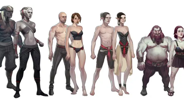 Postacie z Dragon Age: Inquisition – Qunari, ludzie, elfy i krasnoludy w zbrojach i strojach.