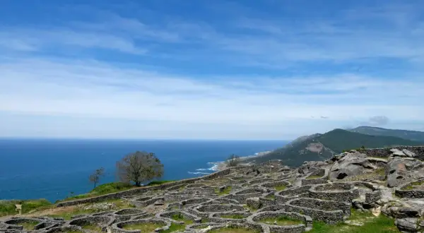 Ruinas circulares de piedra en el mirador Santa Tecla, Galicia, con el mar azul y montañas verdes al fondo.