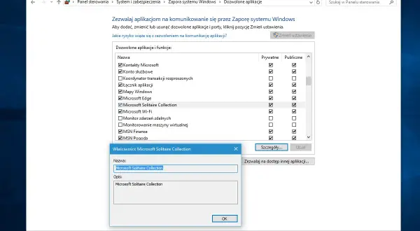 Ustawienia zapory systemu Windows dla aplikacji Microsoft Solitaire Collection.