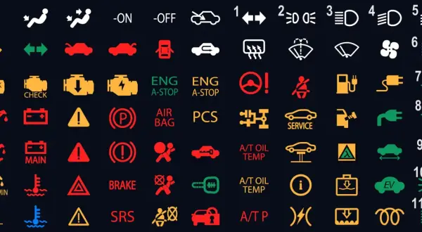 Co oznaczają kontrolki w Oplu? Ilustracja przedstawia ikony ostrzegawcze i informacyjne z deski rozdzielczej samochodu, od silnika po poziom oleju.
