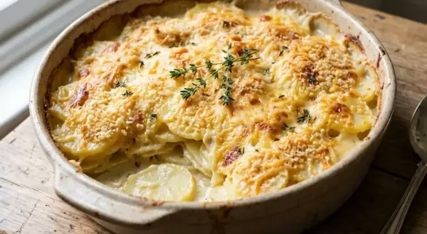 Un gratin dauphinois doré et crémeux, garni de thym frais, prêt à être dégusté.