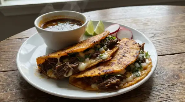 Här är ett läckert birria tacos recept! Krispiga tacos fyllda med mört kött och ost, serverade med en smakrik buljong.