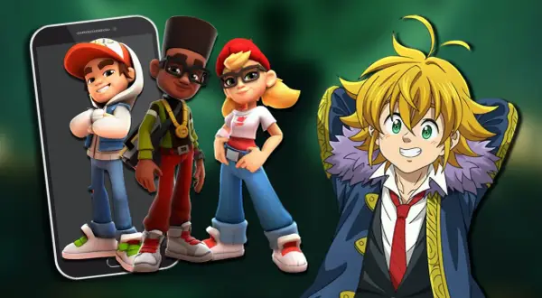 Personnages de jeux mobiles, dont Jake de Subway Surfers, aux côtés de Meliodas. Le meilleur jeux mobile gratuit pour s'amuser.