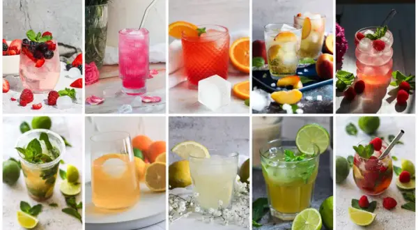 Vielfalt an erfrischenden Sommergetränken und Cocktail-Rezepten mit Früchten, Minze und Eis.