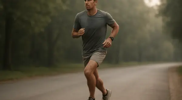 Un homme court sur une route brumeuse, déterminé à battre son record personnel de 10 km, même à 70 ans.